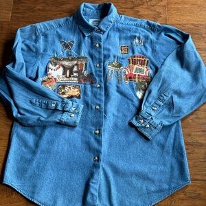 Vintage Cambridge Christmas Embroidery Denim‎ Shirt